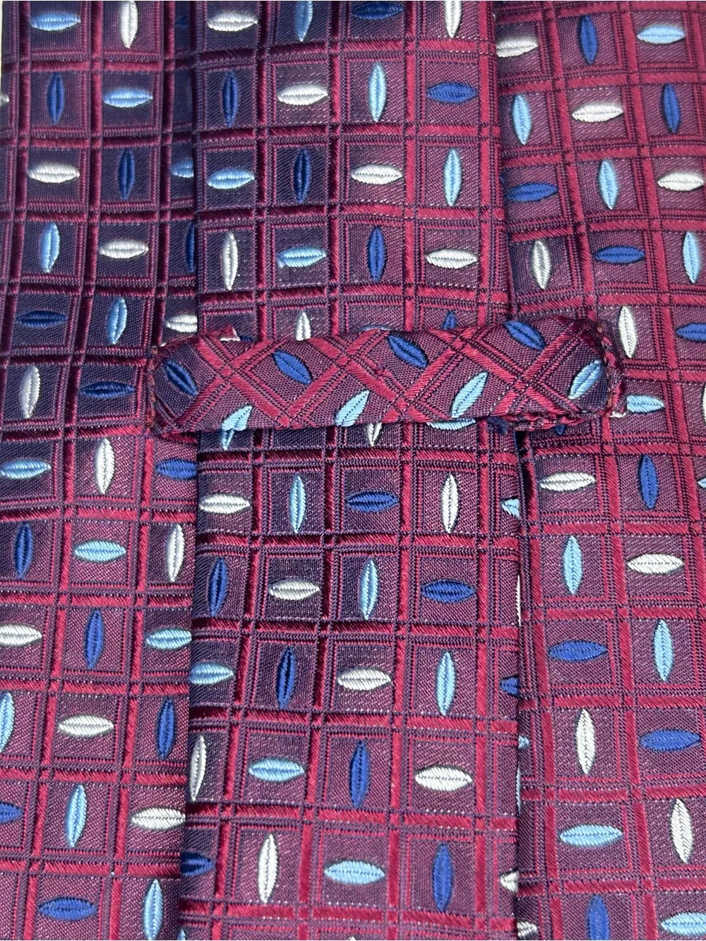 Equestrian Firenze 100% Silk Tie Made in Italy Burgundy Blue Geometric